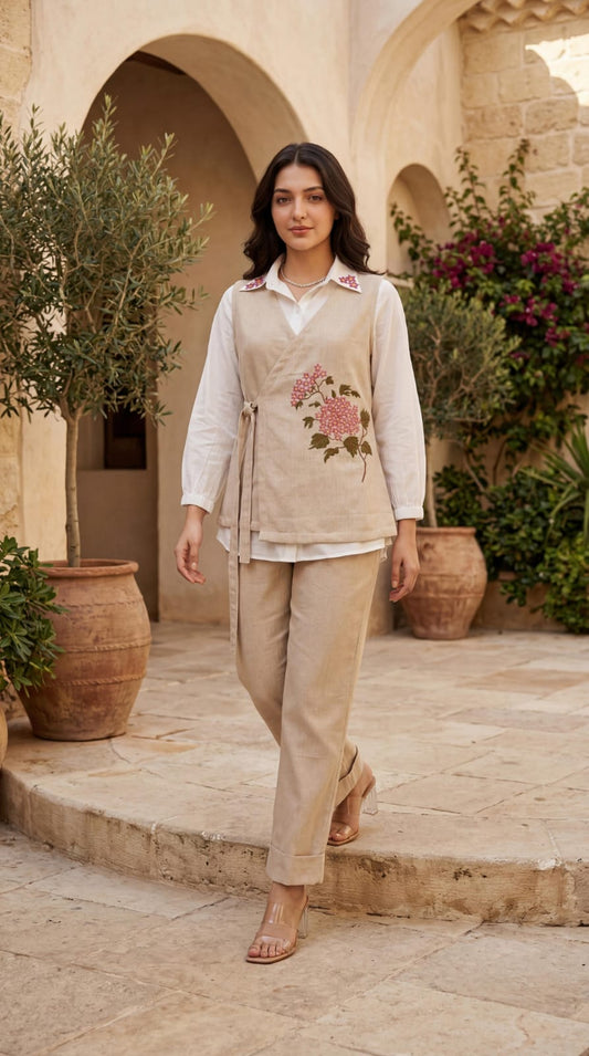 Women’s Premium Cotton & Jute-Style 3-Piece Co-ord Set | Embroidered Jacket with Shirt & Pant