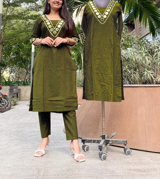 Women’s Cotton Mirror Embroidered Kurta Pant Set | Elegant Lace Work Office & Daily Wear