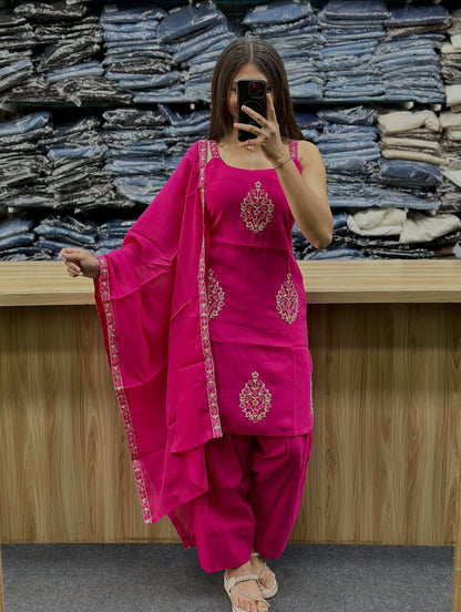 Women’s Hot Pink & Rust Cotton Farshi Salwar Dupatta Set | Floral Embroidered Kurti with Mul Cotton Dupatta | 3-Piece Suit