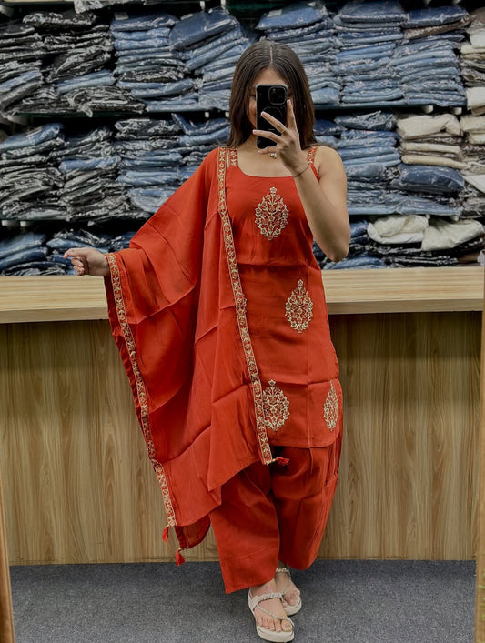 Women’s Rust Embroidered Farshi Salwar Dupatta Set | Premium Cotton 3-Piece Ethnic Suit