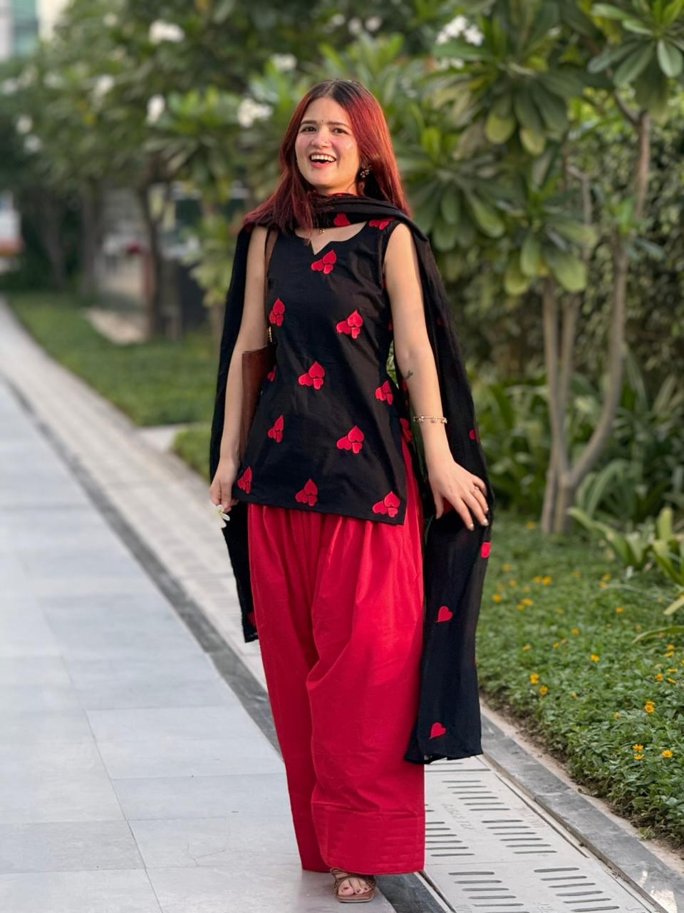 Women’s Black & Red Mul Cotton Farshi Salwar Dupatta Set | Heart Embroidery Kurti with Cutwork Dupatta | 3-Piece Suit