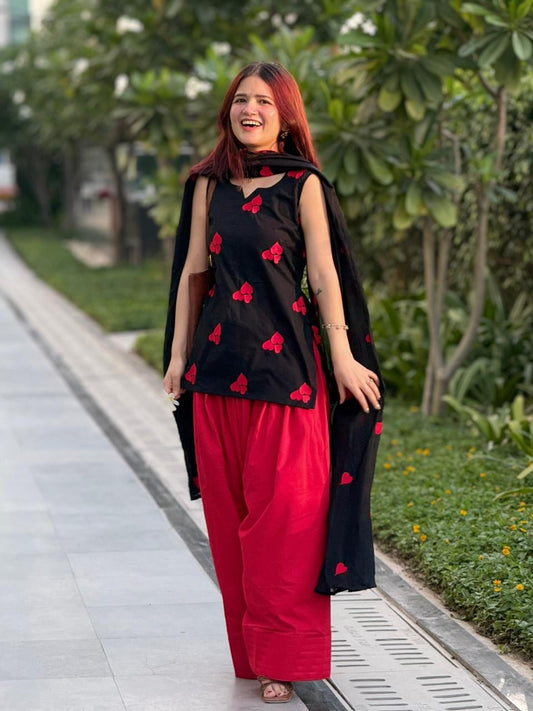 Women’s Black & Red Mul Cotton Farshi Salwar Dupatta Set | Heart Embroidery Kurti with Cutwork Dupatta | 3-Piece Suit