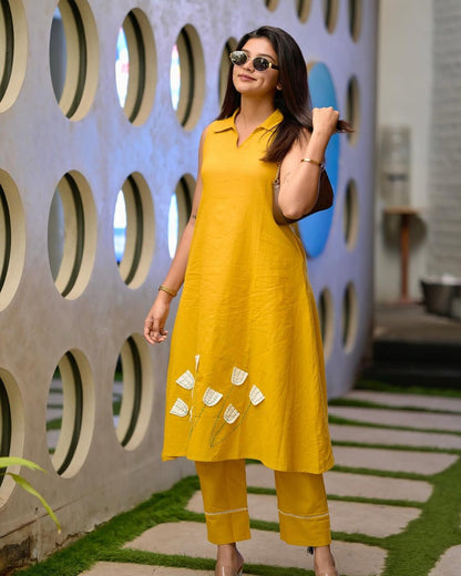 Women’s Premium Pure Cotton Handwork Co-ord Set | Stylish Kurta with Pocket & Statement Sleeves | 2-Piece Set