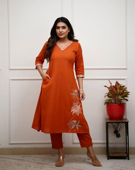 Premium Cotton 60×60 Embroidered Kurta Pant Set with Pockets – Office & Daily Wear