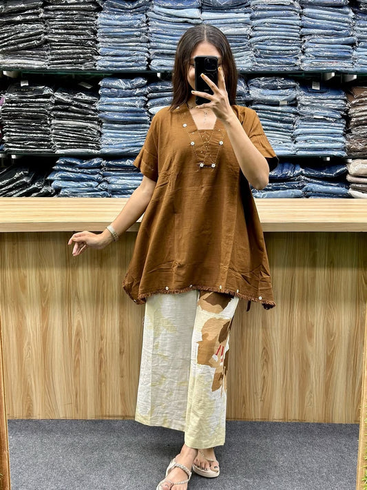 Women’s Premium Cotton Loose Fit Co-ord Set with Handwork Yoke | Stylish 2-Piece Kurti & Plazo Set