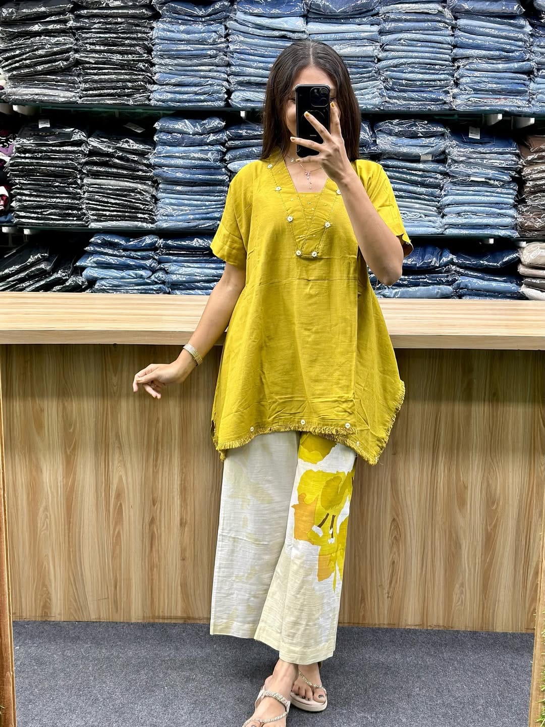 Women’s Premium Cotton Loose Fit Co-ord Set with Handwork Yoke | Stylish 2-Piece Kurti & Plazo Set