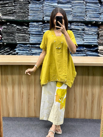 Women’s Premium Cotton Loose Fit Co-ord Set with Handwork Yoke | Stylish 2-Piece Kurti & Plazo Set