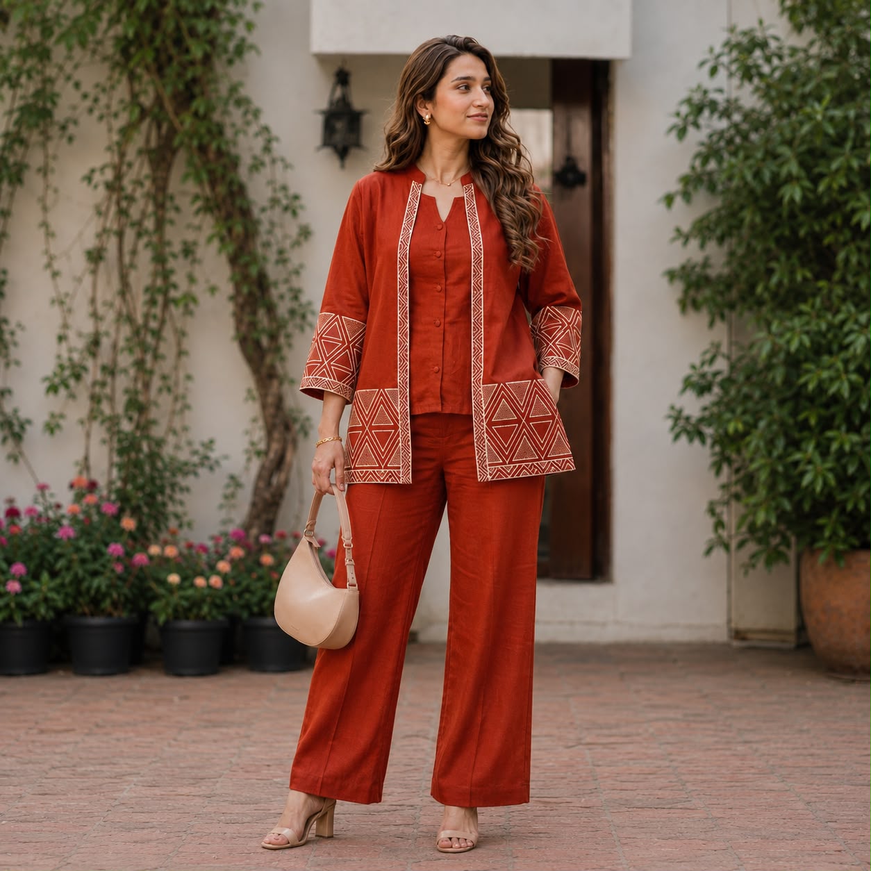 Premium Cotton Flex Embroidered Jacket Style Top with Inner & Straight Trouser – 3 Piece Co-ord Set