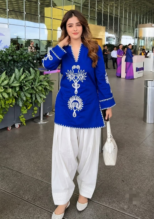 Women’s Royal Blue Pure Cotton Corset Kurta with Off-White Farshi Salwar | Heavy Hand Embroidery 2-Piece Set
