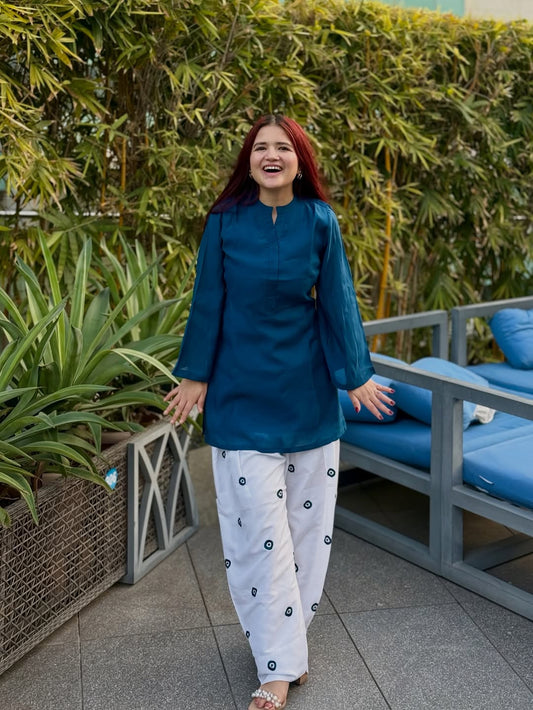 Women’s Teal Blue & Off-White Cotton Farshi Salwar Set | Evil Eye Embroidered Kurti with Dori Detailing