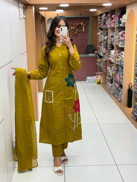 Women’s Premium Cotton Flex Embroidered Kurti Pant Dupatta Set | Elegant Summer Ethnic Wear