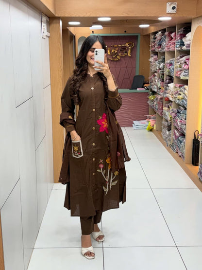 Women’s Premium Cotton Flex Embroidered Kurti Pant Dupatta Set | Elegant Summer Ethnic Wear