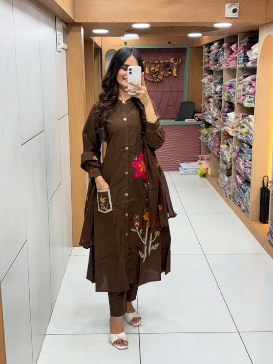Women’s Premium Cotton Flex Embroidered Kurti Pant Dupatta Set | Elegant Summer Ethnic Wear