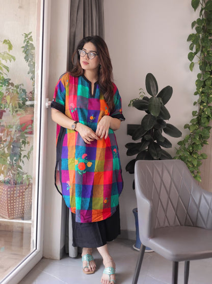 Women’s Premium Mul Cotton Madrasi Checks A-Line Kurti Palazzo Set | Casual & Office Wear