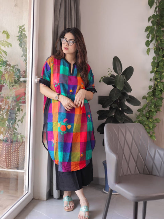 Women’s Premium Mul Cotton Madrasi Checks A-Line Kurti Palazzo Set | Casual & Office Wear