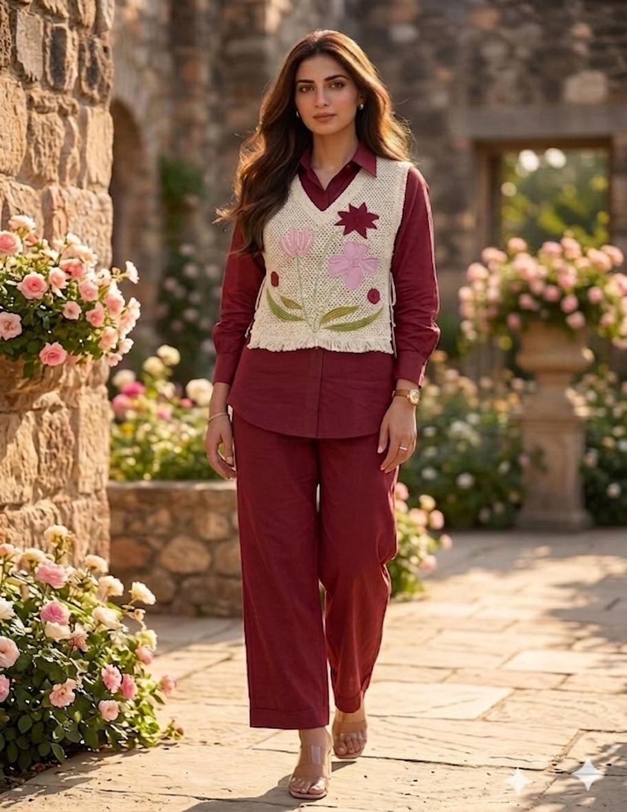 Women’s Premium Cotton 60/60 Jacket Co-ord Set | Embroidered Jute-Style Jacket with Shirt & Pant