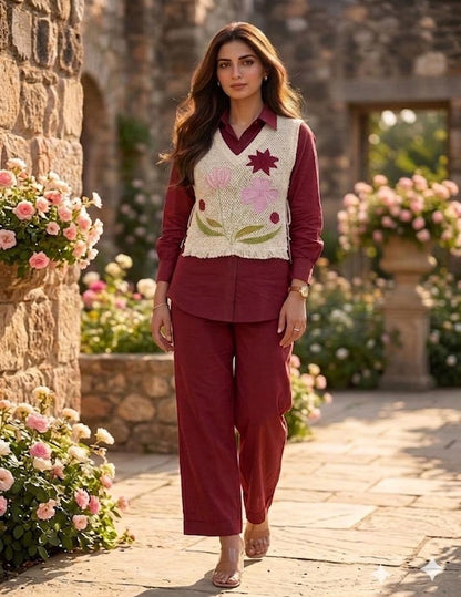 Women’s Premium Cotton 60/60 Jacket Co-ord Set | Embroidered Jute-Style Jacket with Shirt & Pant