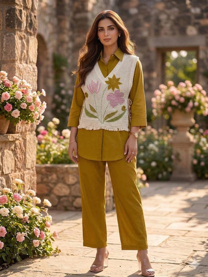 Women’s Premium Cotton 60/60 Jacket Co-ord Set | Embroidered Jute-Style Jacket with Shirt & Pant