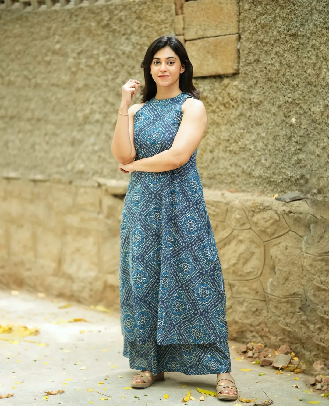 Premium Steel Blue Ethnic Print Pure Cotton Co-Ord Set for Women | A-Line Kurti & Palazzo Set