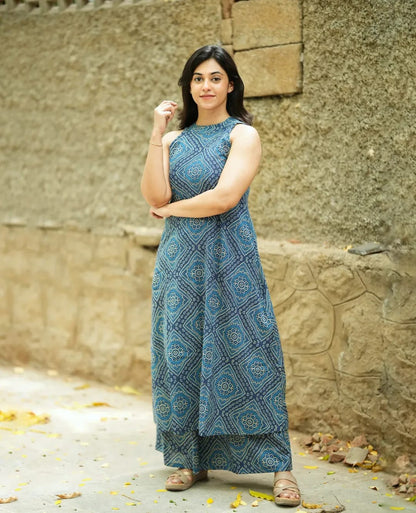 Premium Steel Blue Ethnic Print Pure Cotton Co-Ord Set for Women | A-Line Kurti & Palazzo Set