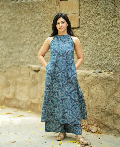 Premium Steel Blue Ethnic Print Pure Cotton Co-Ord Set for Women | A-Line Kurti & Palazzo Set