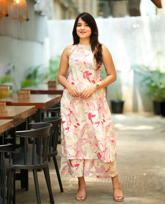 Premium Pink Abstract Floral Print Pure Cotton Sleeveless Co-Ord Set for Women | A-Line Kurti & Ankle-Length Palazzo