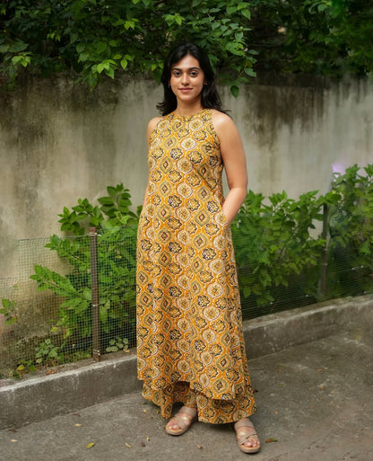 Premium Mustard Yellow Printed Pure Cotton Co-Ord Set for Women | A-Line Kurti & Palazzo Set