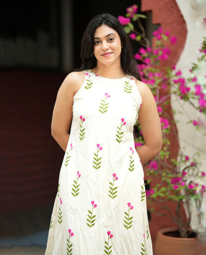 Premium White & Pink Floral Print Pure Cotton Sleeveless Co-Ord Set for Women | A-Line Kurti & Ankle-Length Palazzo