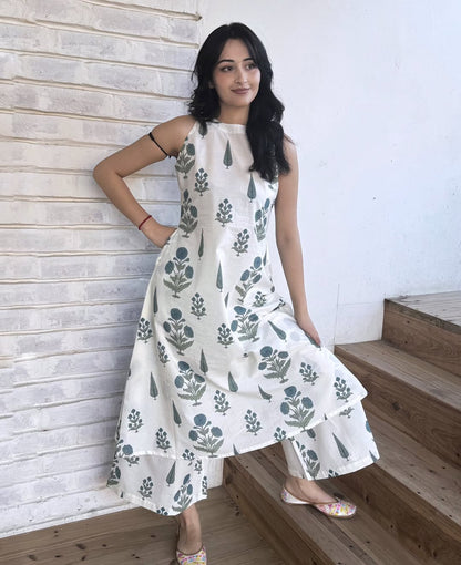 Premium White & Sage Green Botanical Print Pure Cotton Sleeveless Co-Ord Set for Women | A-Line Kurti & Ankle-Length Palazzo