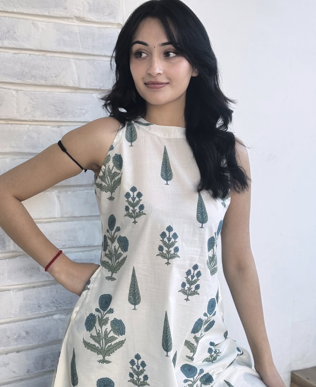Premium White & Sage Green Botanical Print Pure Cotton Sleeveless Co-Ord Set for Women | A-Line Kurti & Ankle-Length Palazzo
