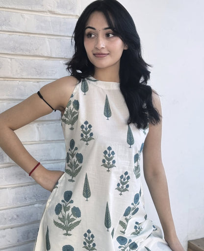 Premium White & Sage Green Botanical Print Pure Cotton Sleeveless Co-Ord Set for Women | A-Line Kurti & Ankle-Length Palazzo