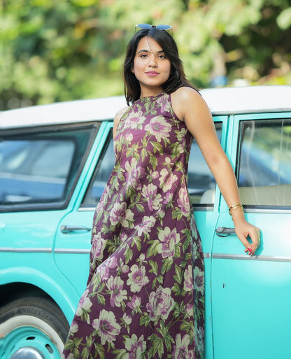 Premium Purple Floral Print Pure Cotton Sleeveless Co-Ord Set for Women | A-Line Kurti & Ankle-Length Palazzo