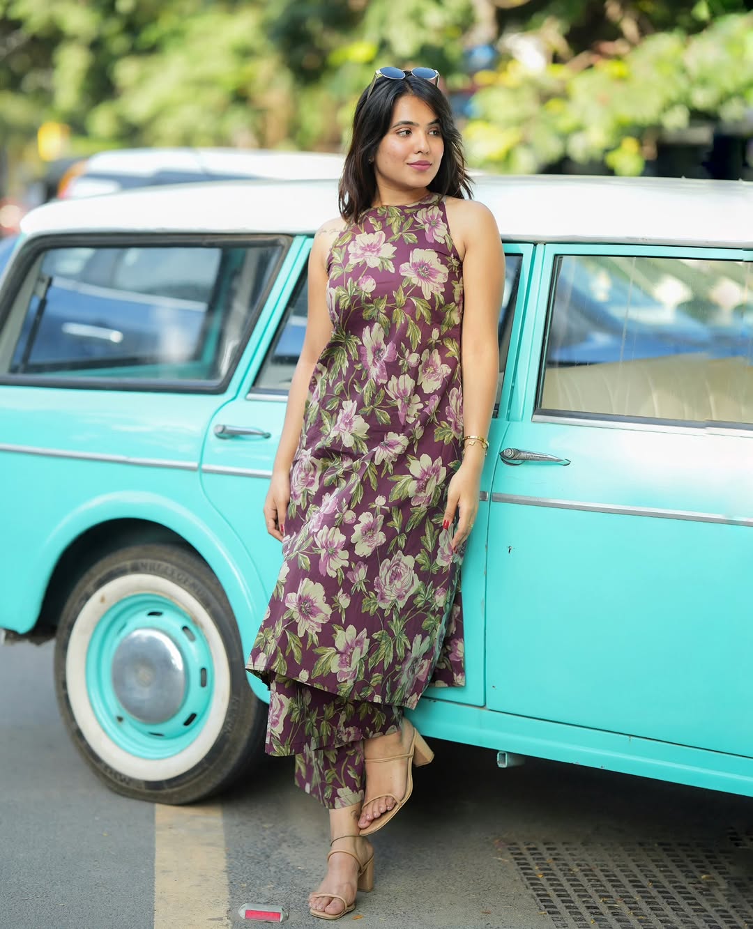 Premium Purple Floral Print Pure Cotton Sleeveless Co-Ord Set for Women | A-Line Kurti & Ankle-Length Palazzo