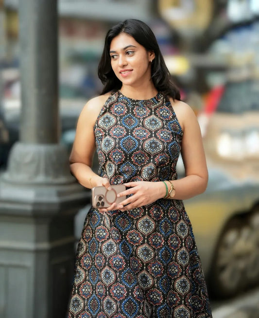 Premium Black Ethnic Print Pure Cotton Sleeveless Co-Ord Set for Women | A-Line Kurti & Ankle-Length Palazzo