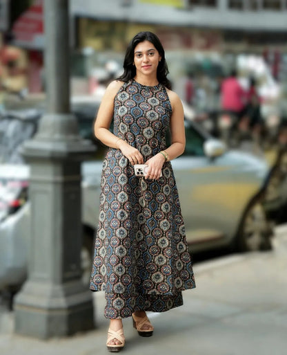 Premium Black Ethnic Print Pure Cotton Sleeveless Co-Ord Set for Women | A-Line Kurti & Ankle-Length Palazzo