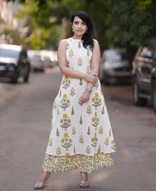 Premium Off White Green Botanical Print Pure Cotton Sleeveless Co-Ord Set for Women | A-Line Kurti & Ankle-Length Palazzo