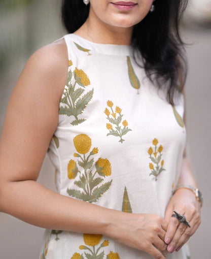 Premium Off White Green Botanical Print Pure Cotton Sleeveless Co-Ord Set for Women | A-Line Kurti & Ankle-Length Palazzo