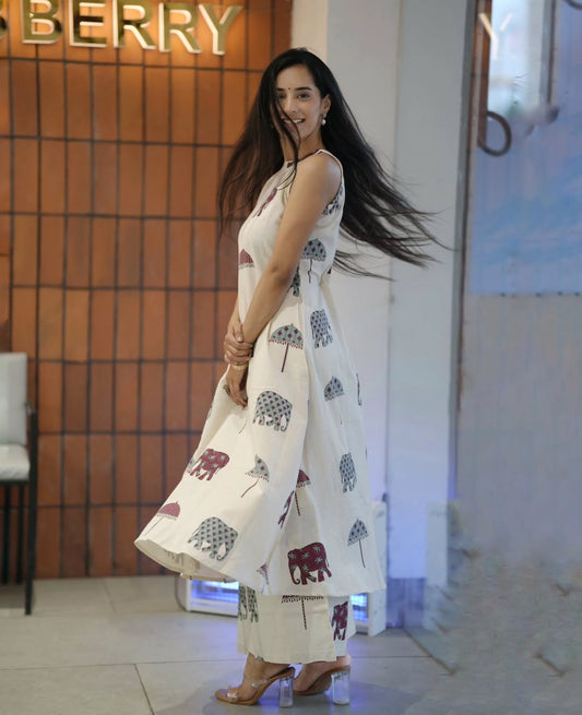 Premium White Elephant Print Pure Cotton Co-Ord Set for Women | Sleeveless A-Line Kurti & Palazzo