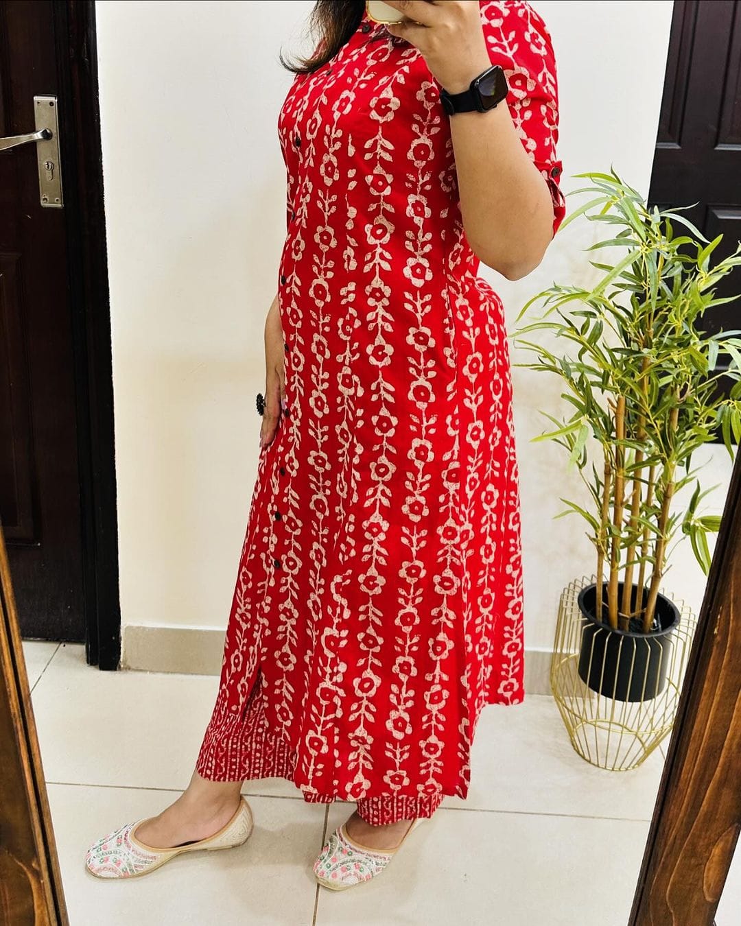 Premium Red Floral Print Pure Cotton Co-Ord Set for Women | A-Line Kurti & Palazzo Set