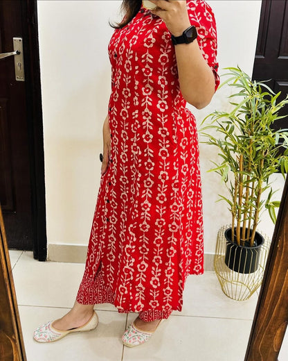 Premium Red Floral Print Pure Cotton Co-Ord Set for Women | A-Line Kurti & Palazzo Set