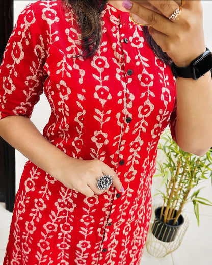 Premium Red Floral Print Pure Cotton Co-Ord Set for Women | A-Line Kurti & Palazzo Set