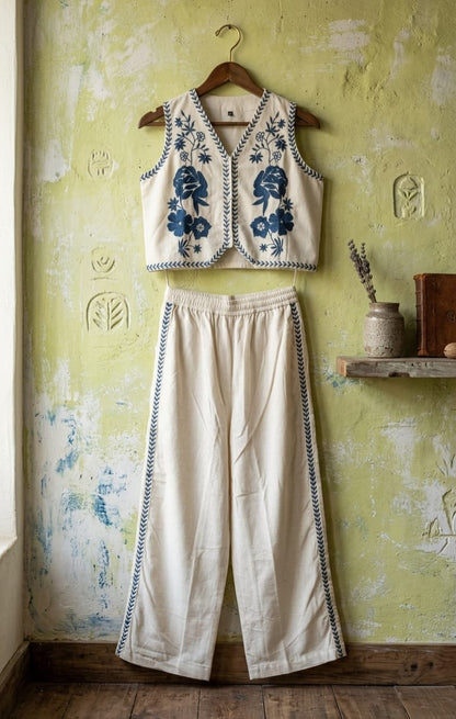 Premium Cream Blue Embroidered Cotton Flex Co-Ord Set for Women | Sleeveless V-Neck Top & Straight Pants