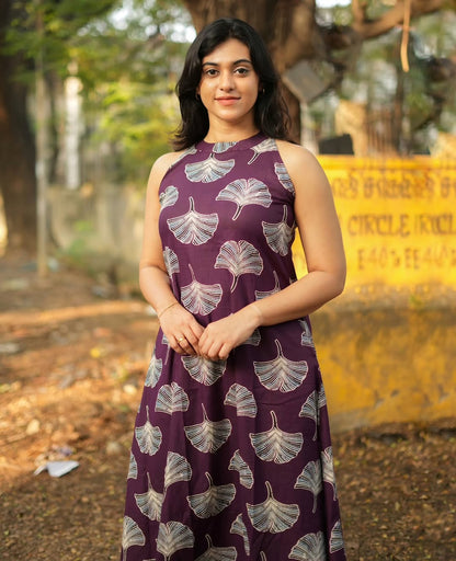 Premium Plum Leaf Print Pure Cotton Co-Ord Set for Women | A-Line Kurti & Palazzo Set