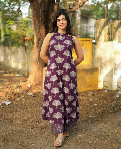 Premium Plum Leaf Print Pure Cotton Co-Ord Set for Women | A-Line Kurti & Palazzo Set