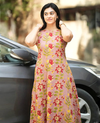 Premium Dusty Pink Floral Print Pure Cotton Co-Ord Set for Women | A-Line Kurti & Palazzo Set