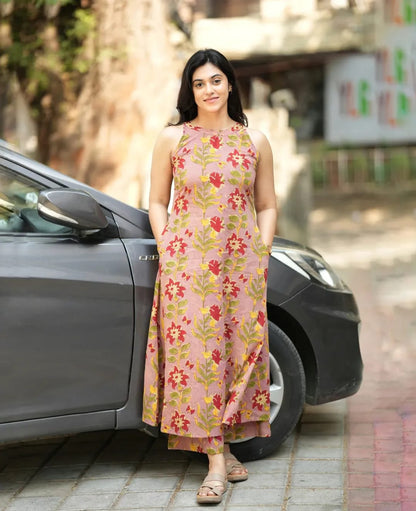 Premium Dusty Pink Floral Print Pure Cotton Co-Ord Set for Women | A-Line Kurti & Palazzo Set