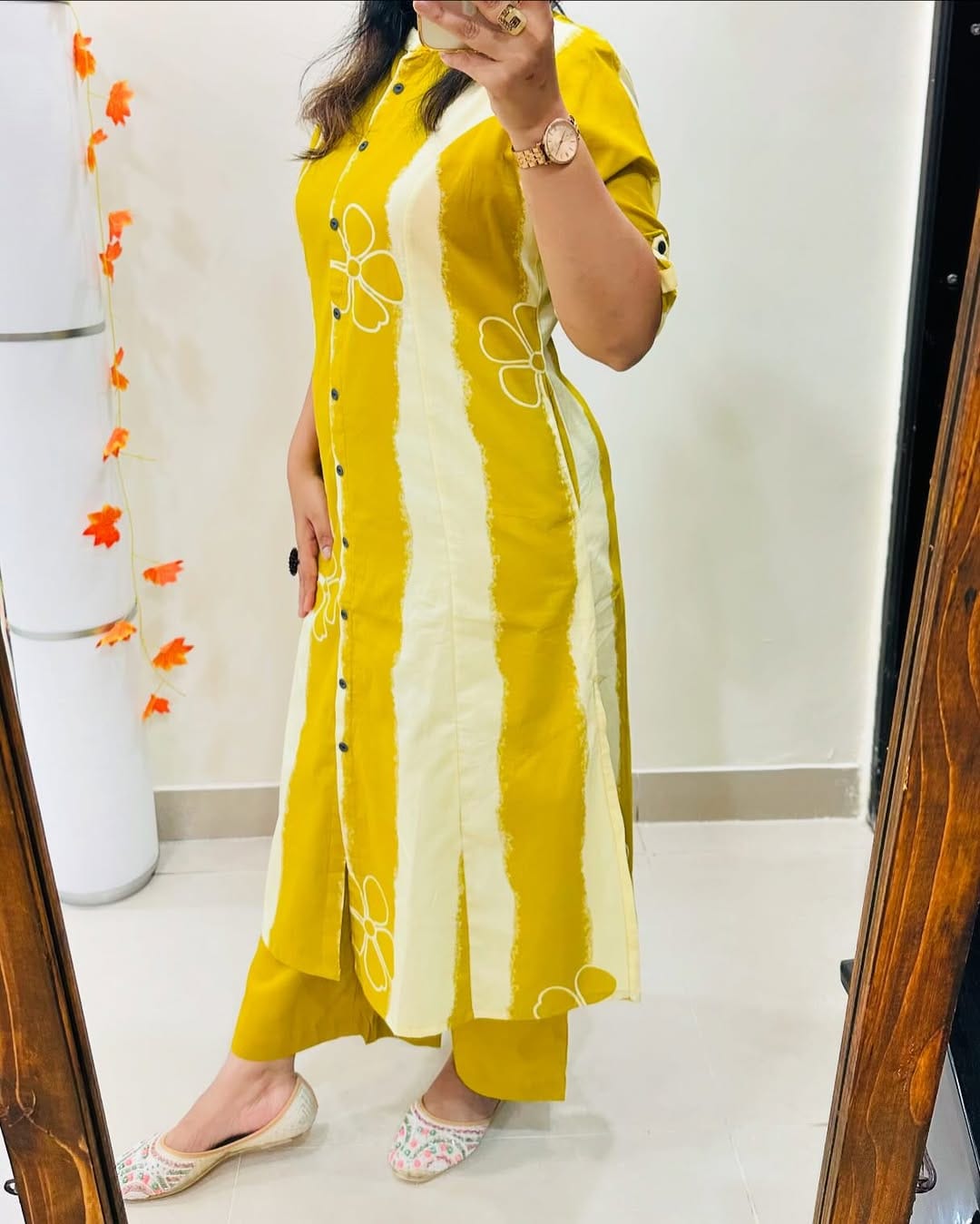 Premium Mustard Floral Print Pure Cotton Co-Ord Set for Women | A-Line Kurti & Palazzo Set