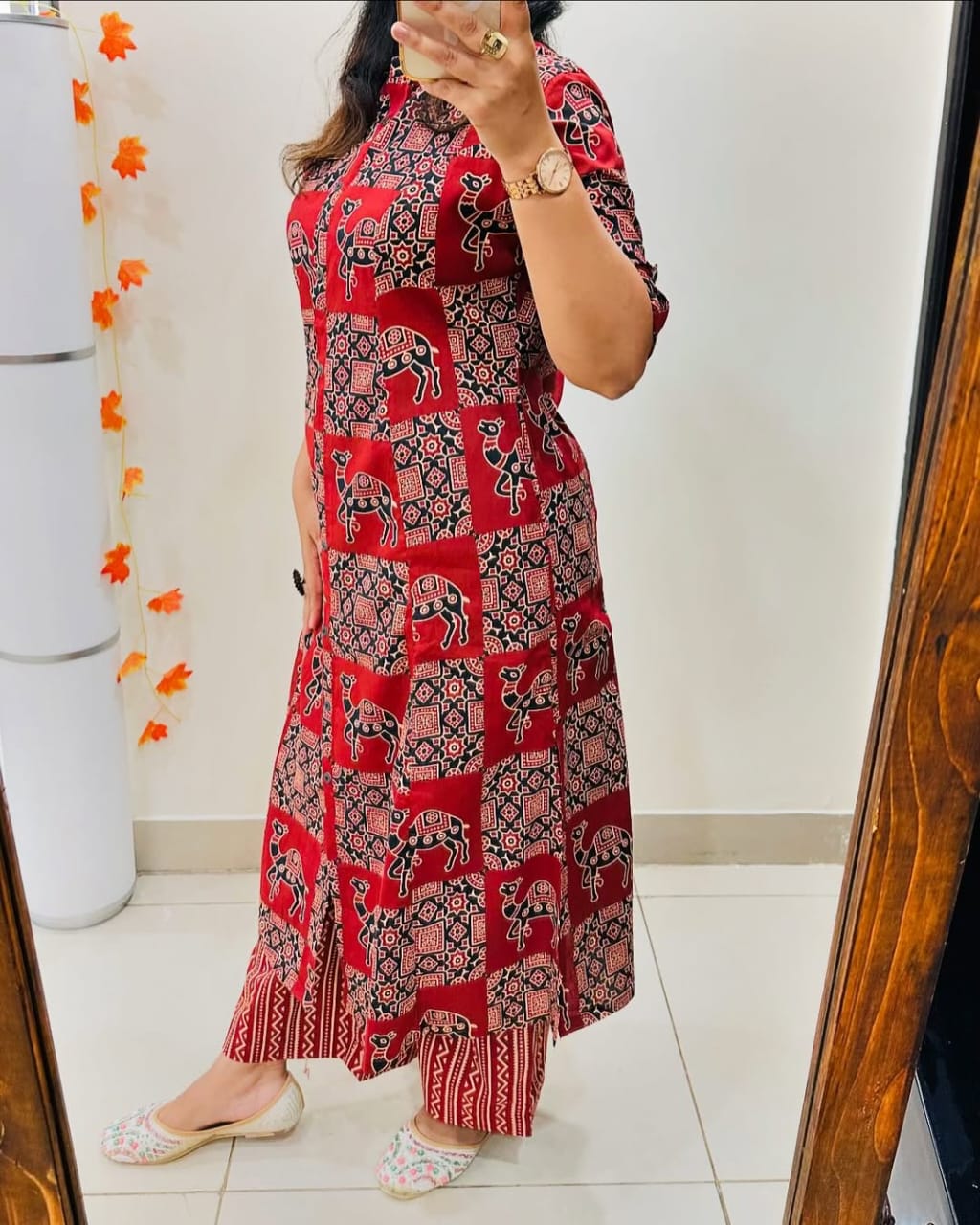 Premium Maroon Ajrakh Print Pure Cotton Co-Ord Set for Women | A-Line Kurti & Palazzo Set