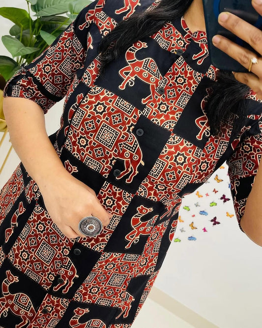 Premium Black Ajrakh Print Pure Cotton Co-Ord Set for Women | A-Line Kurti & Palazzo Set