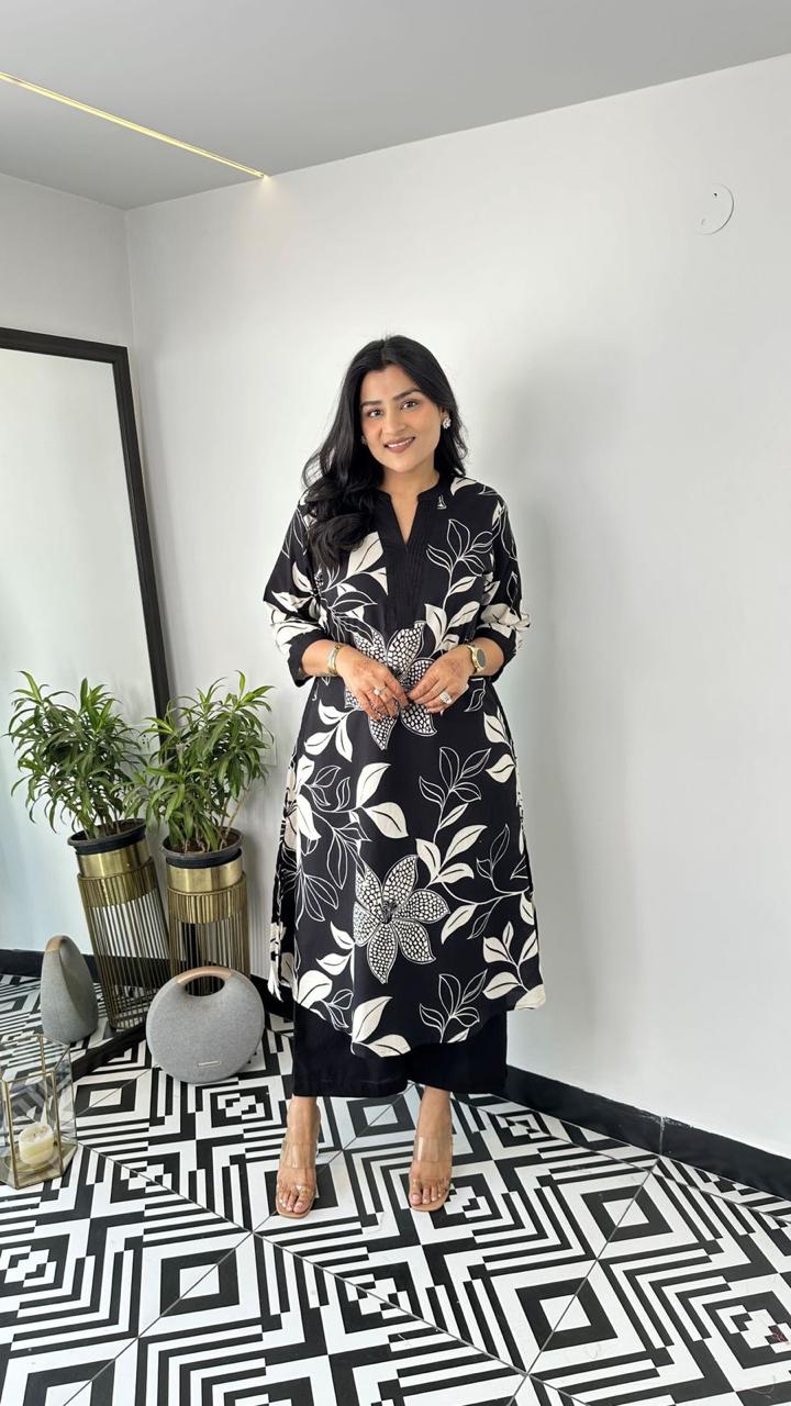 Premium Black Floral Print Pure Cotton Co-Ord Set for Women | A-Line Kurti & Ankle-Length Palazzo